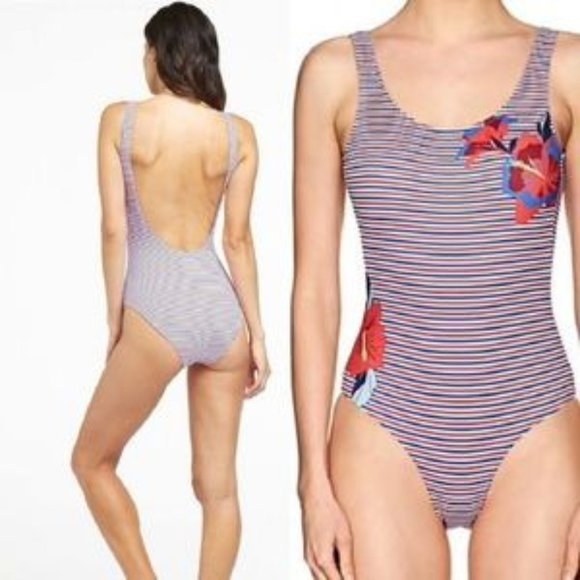$195 NEW ANTROPOLOGIE x ONIA One Piece Red Blue S M Floral Striped Slim Fitted - Picture 5 of 11